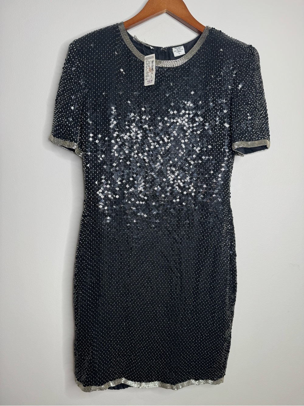 NWT Vintage Night Vogue Silk Black Silver Sequin Beaded Short Sleeve Mini Dress